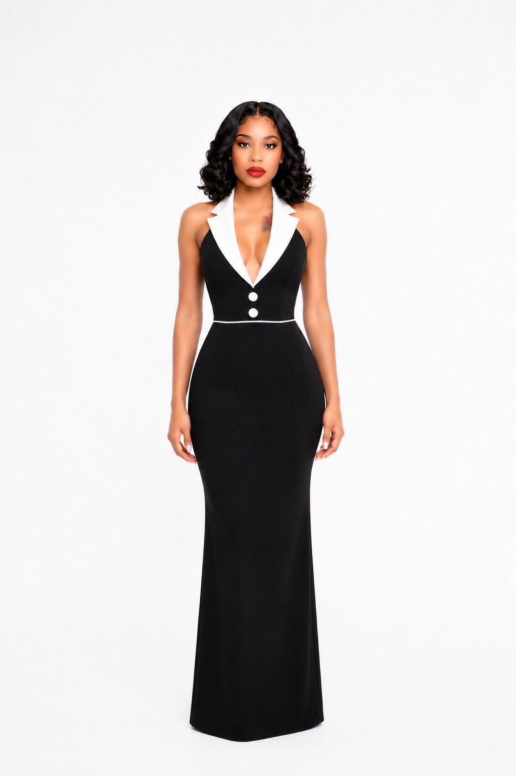 Halter Lapel Collar Maxi Dress Black White