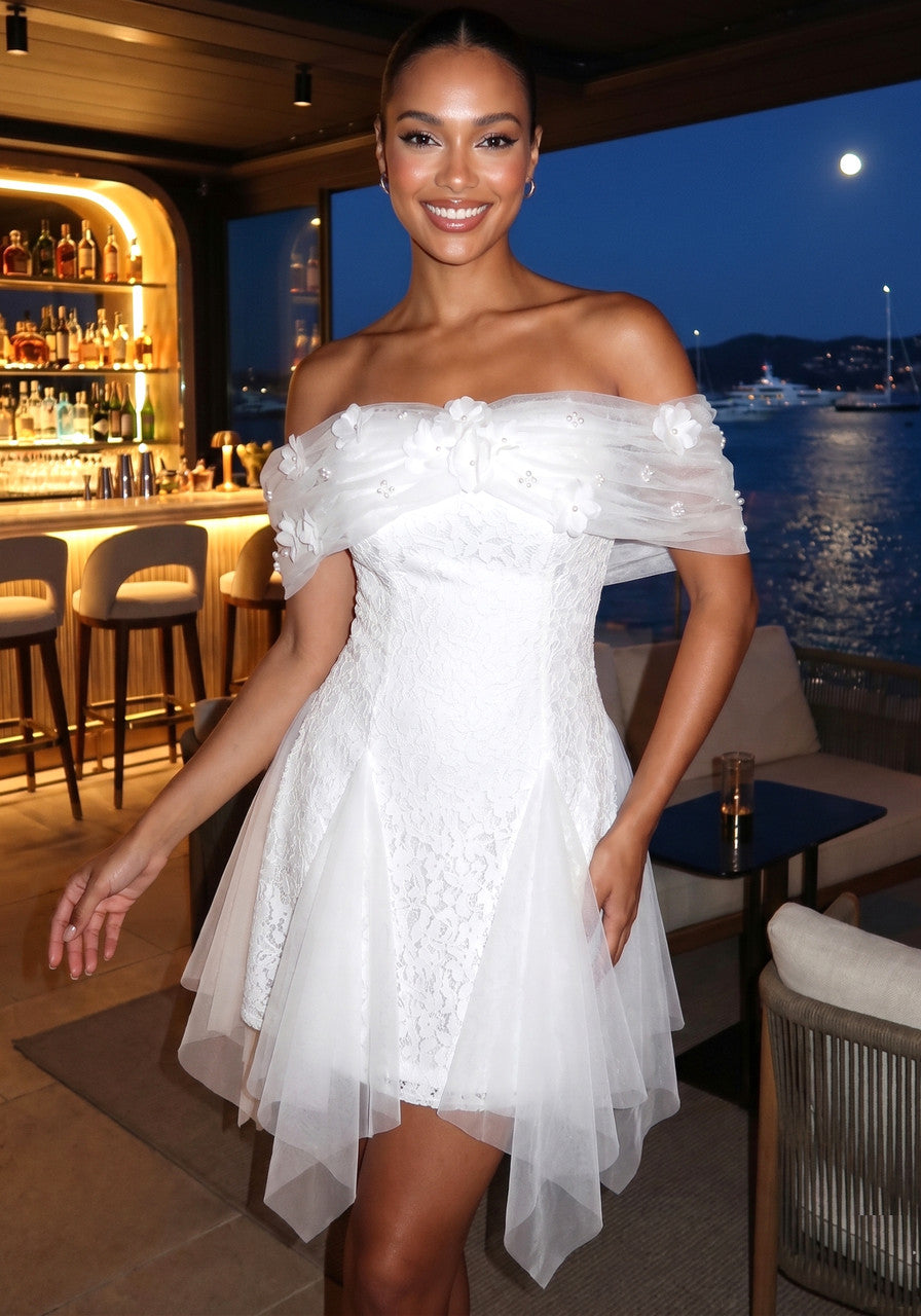 Floral Mesh Bardot Lace Dress White