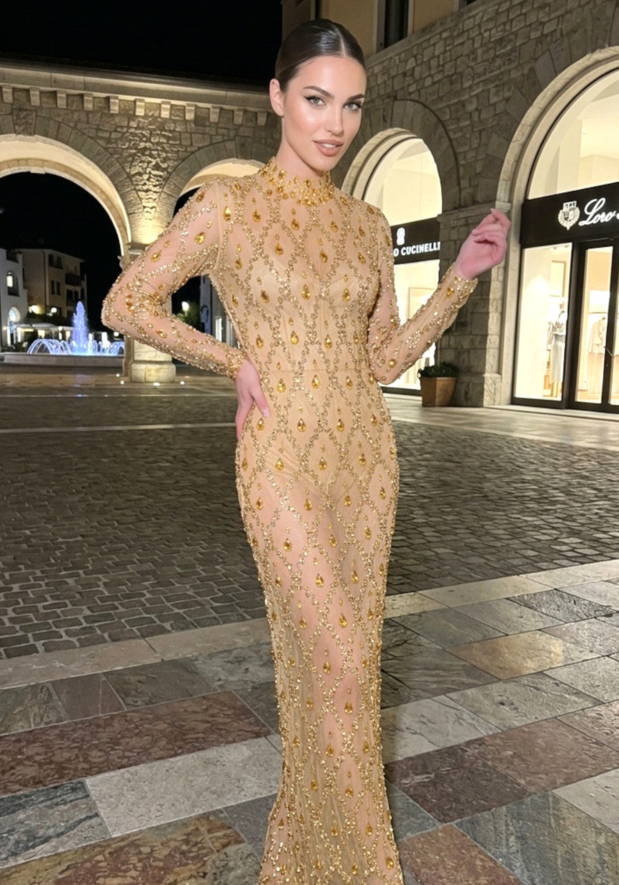 Long Sleeve Embellished Sequin Mesh Maxi Dress Gold
