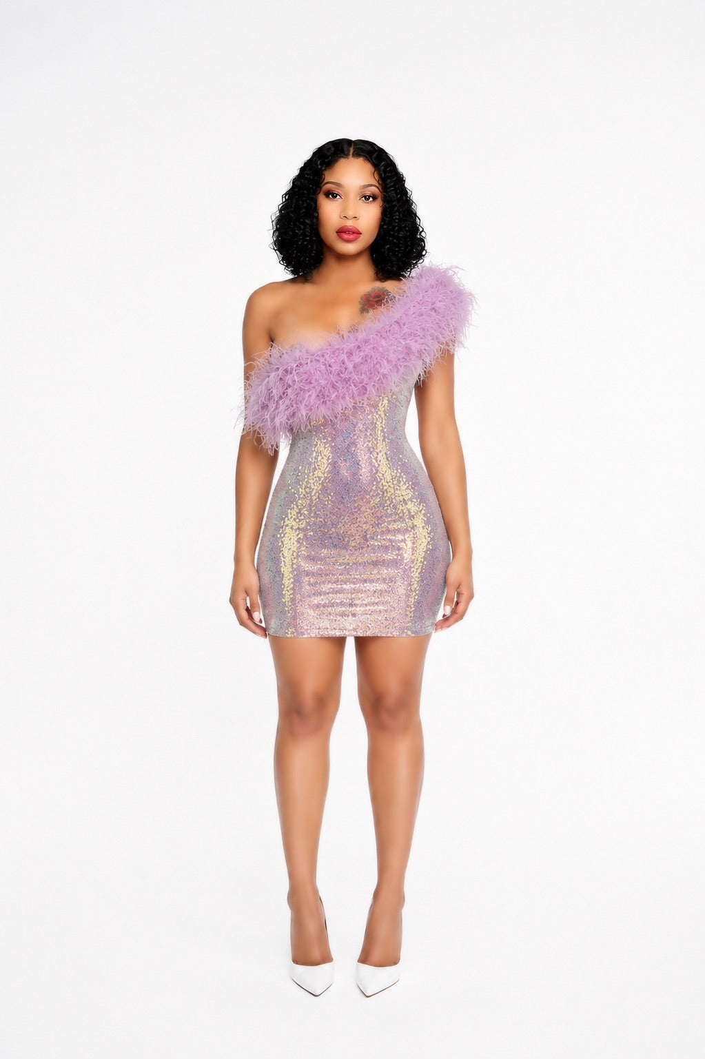 One Shoulder Feather Sequin Dress Lavender