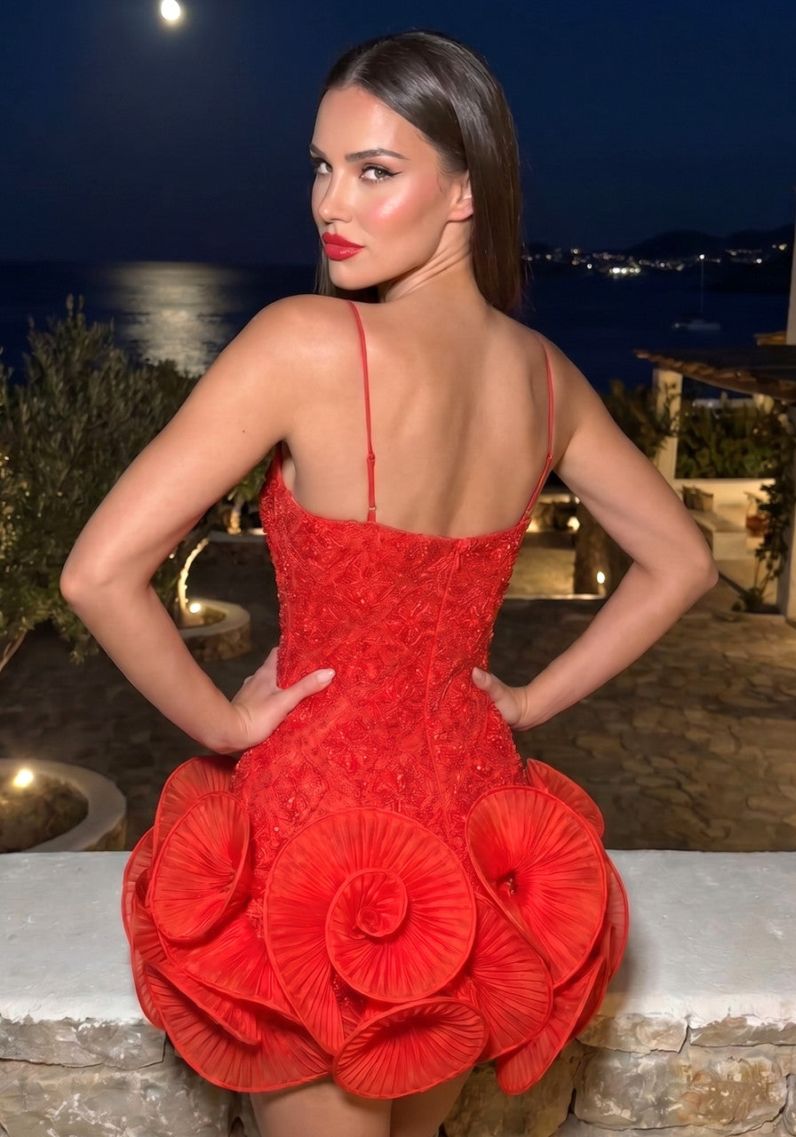 Long Sleeve Pleated Ruffle Dress Red