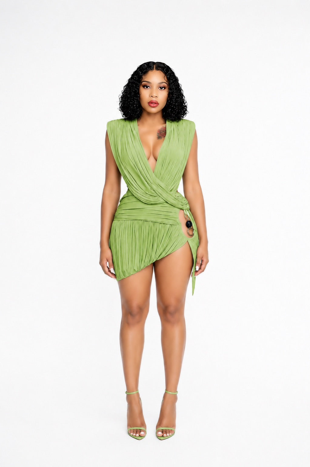 Green Cross Front Ruched Top & Skirt Set