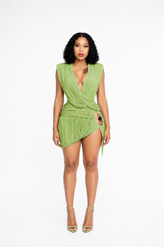Green Cross Front Ruched Top & Skirt Set