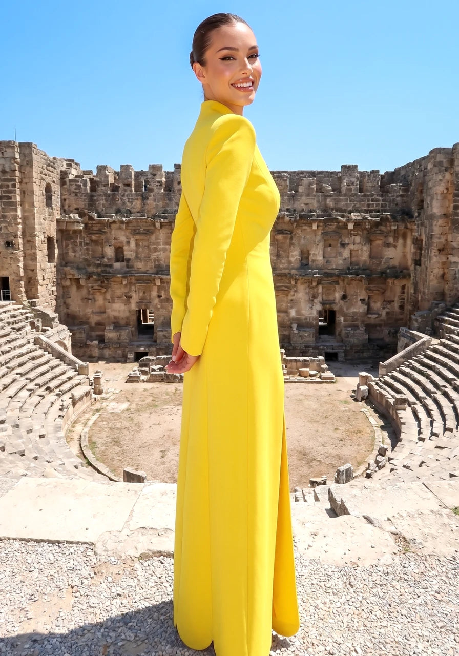 Long Sleeve Scalloped Hem Maxi Dress Yellow