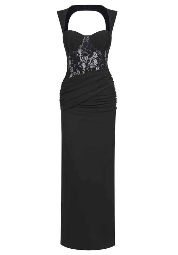 Lace Bustier Draped Backless Maxi Dress Black