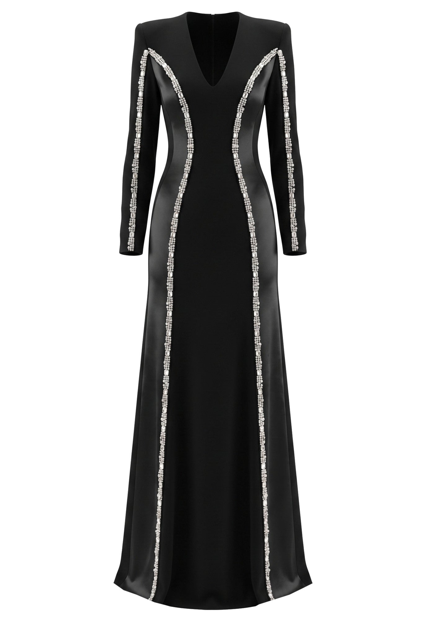 Long Sleeve Crystal Trim Maxi Dress Black