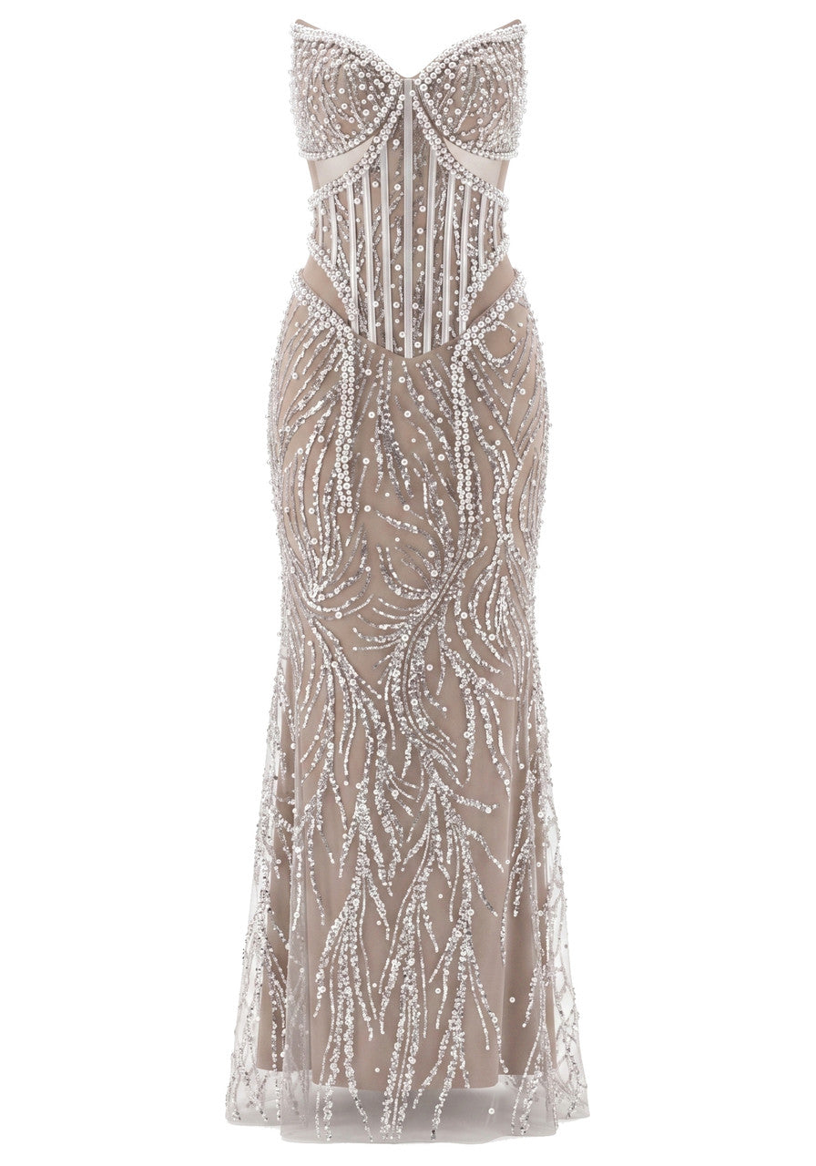 Strapless Pearl Sequin Structured Maxi Dress Nude