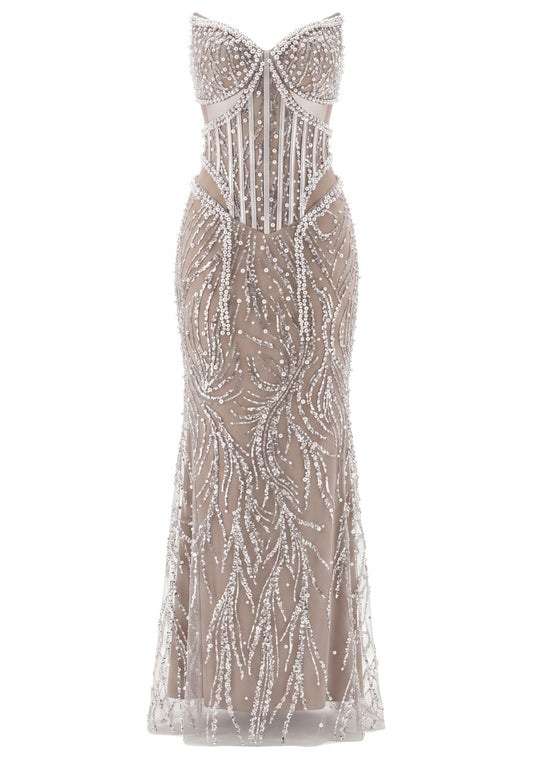 Strapless Pearl Sequin Structured Maxi Dress Nude