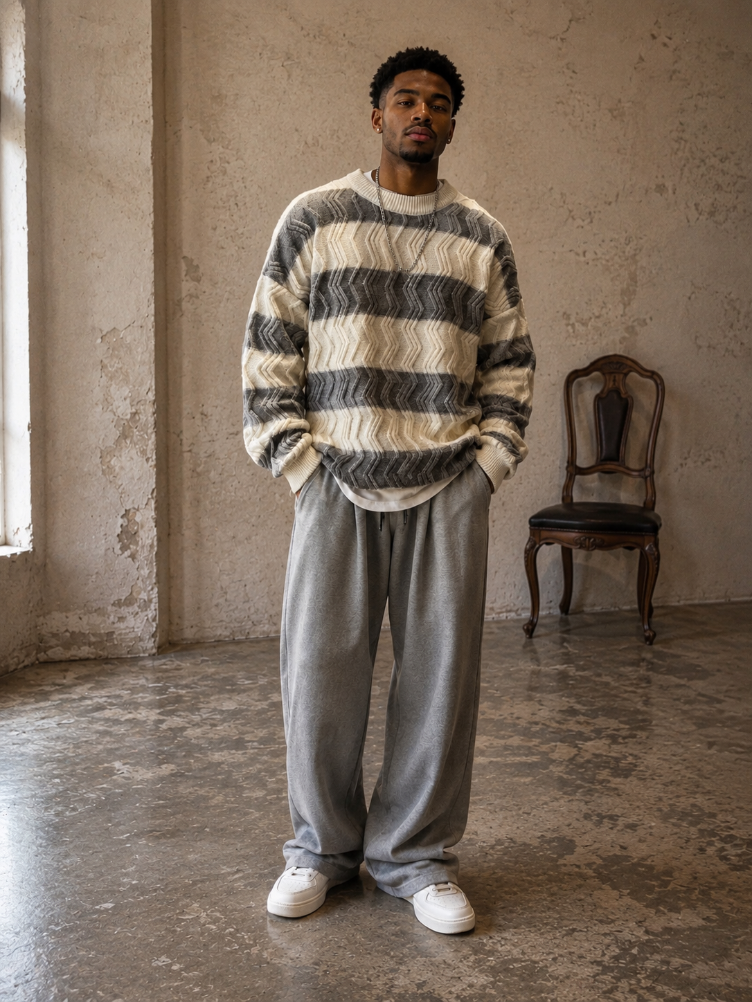 Men's Oversized Striped Textured Knit Sweater