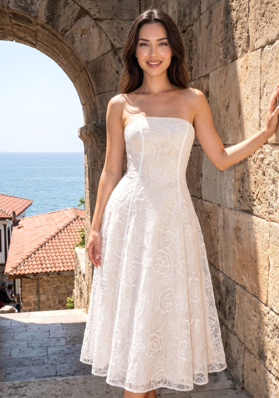 Strapless Lace A Line Maxi Dress White