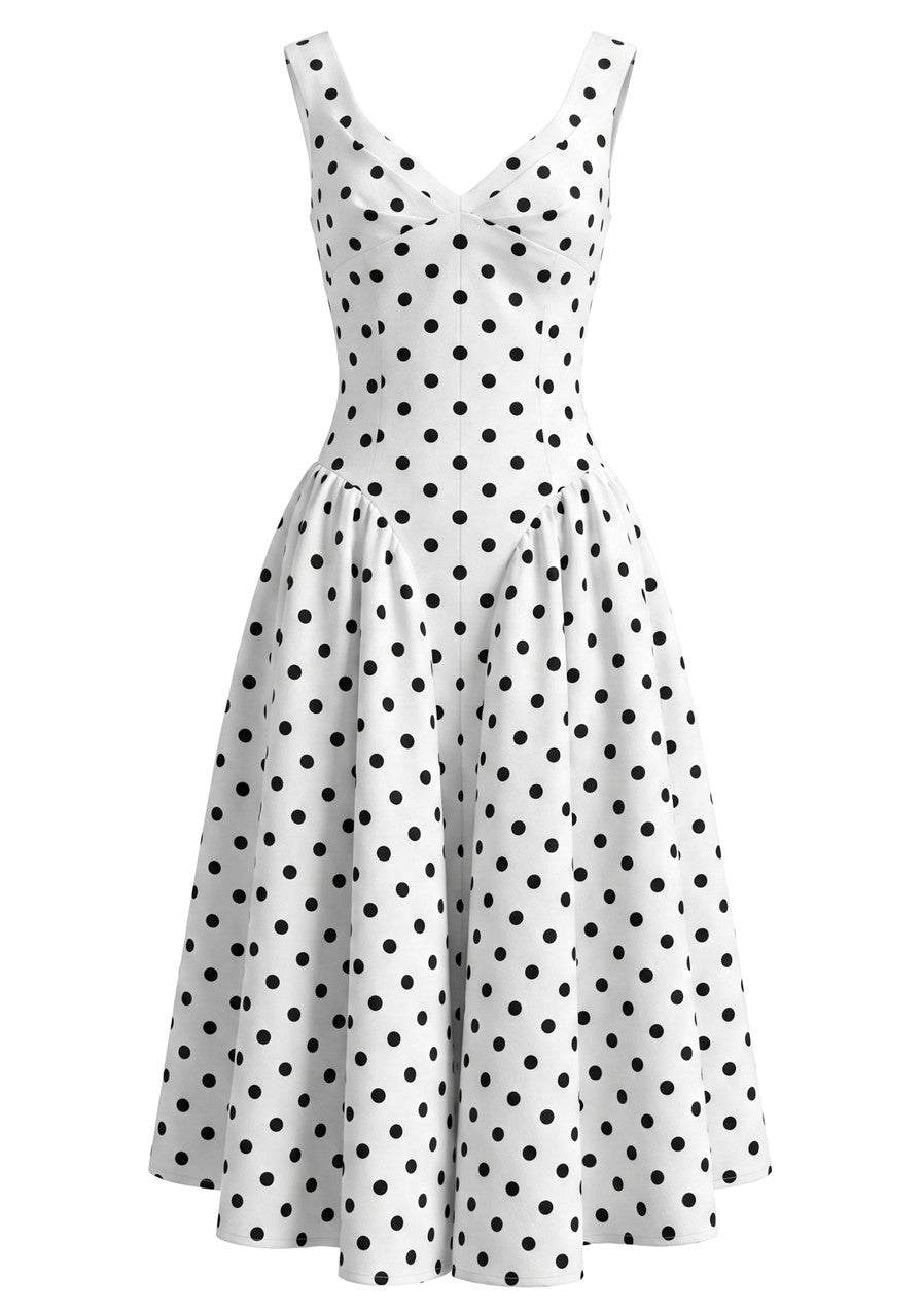 Polka Dot A Line Midi Dress White