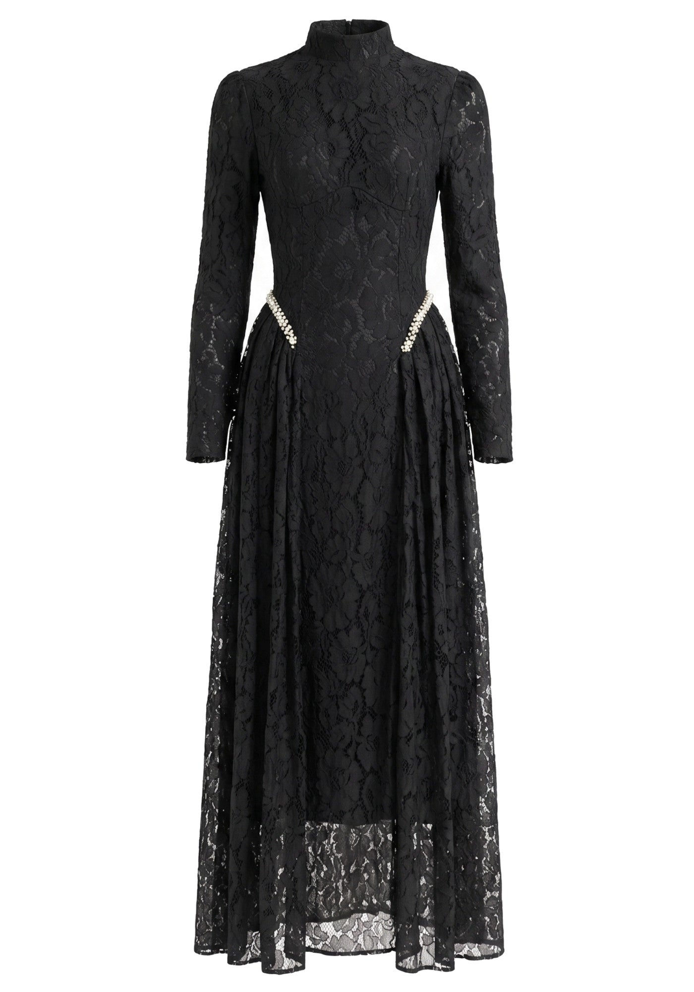 Long Sleeve Crystal Detail A Line Lace Maxi Dress Black