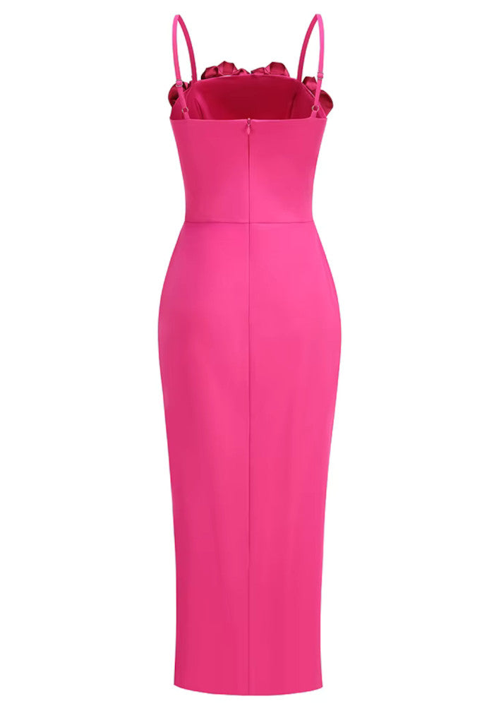 Floral Detail Midi Dress Hot Pink