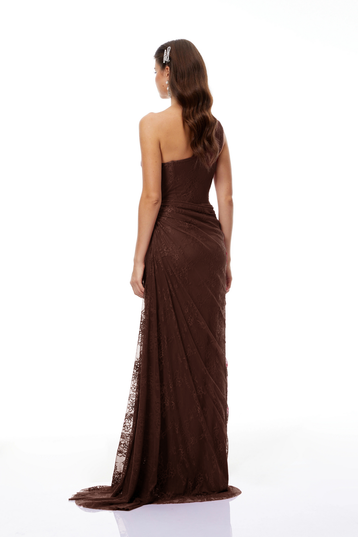 Stefania Brown Red Floral Lace Maxi Gown