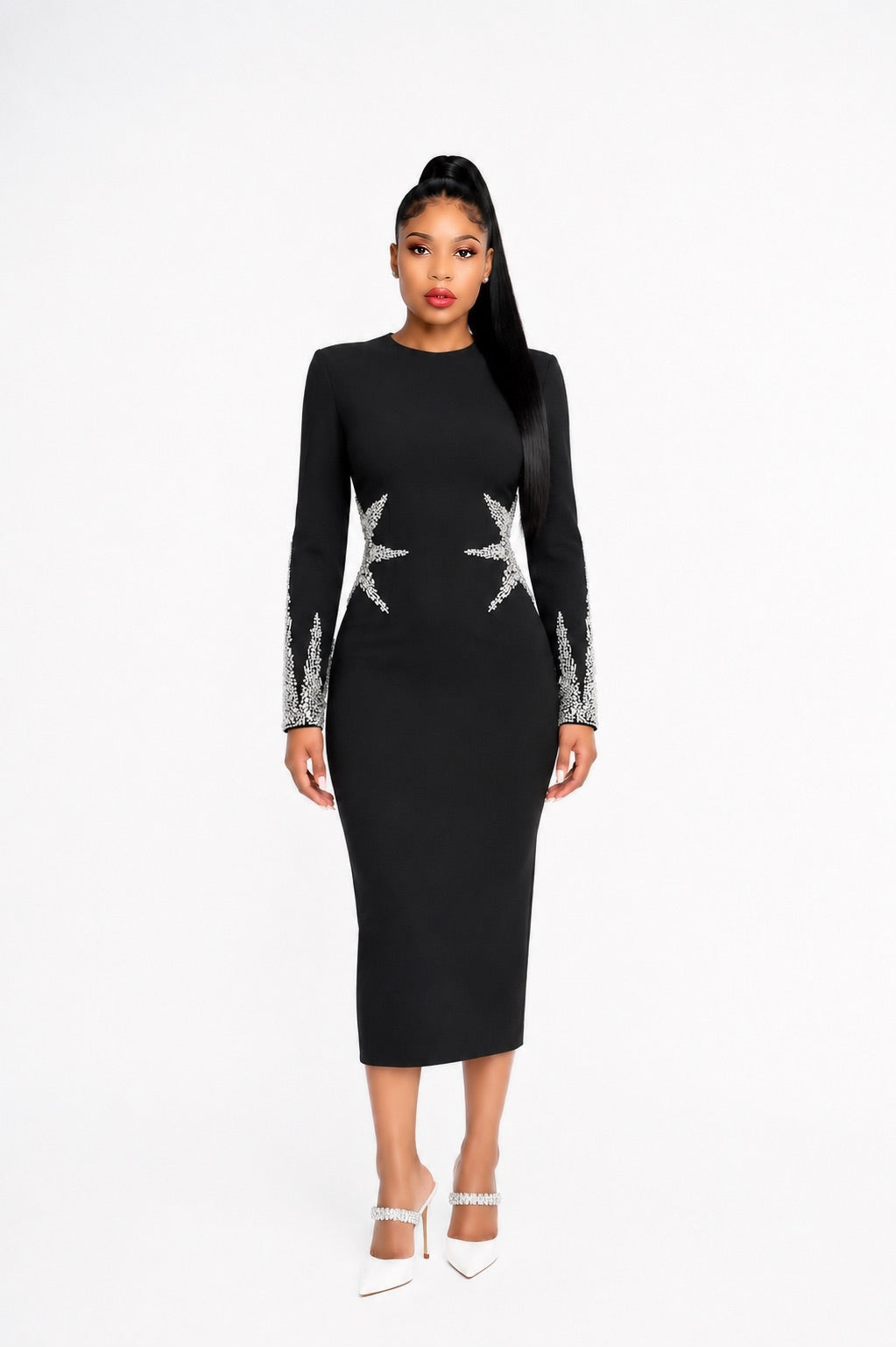 Long Sleeve Crystal Embellished Midi Dress Black