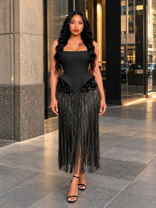 Petal Detail Tassel Maxi Dress Black