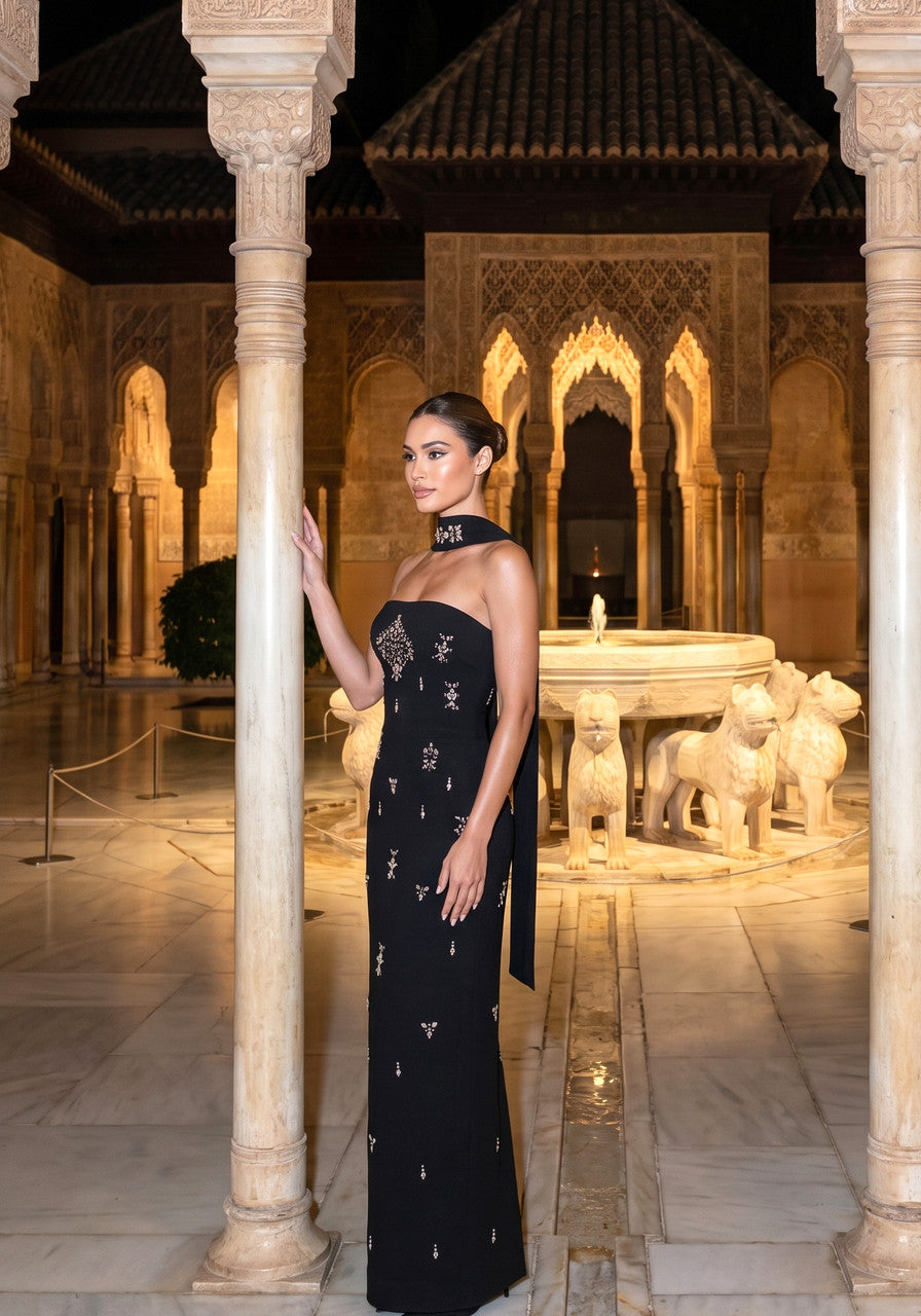 Strapless Crystal Scarf Maxi Dress Black