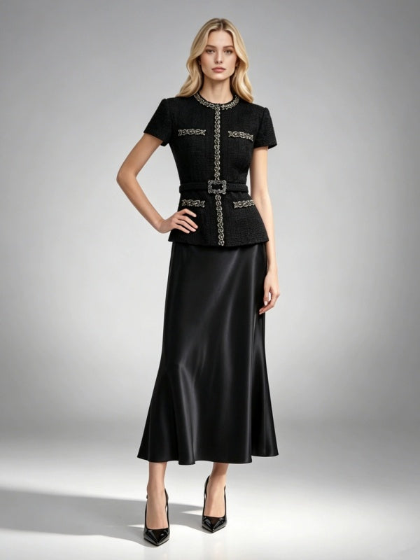 Noir Elegance Belted Skirt Set