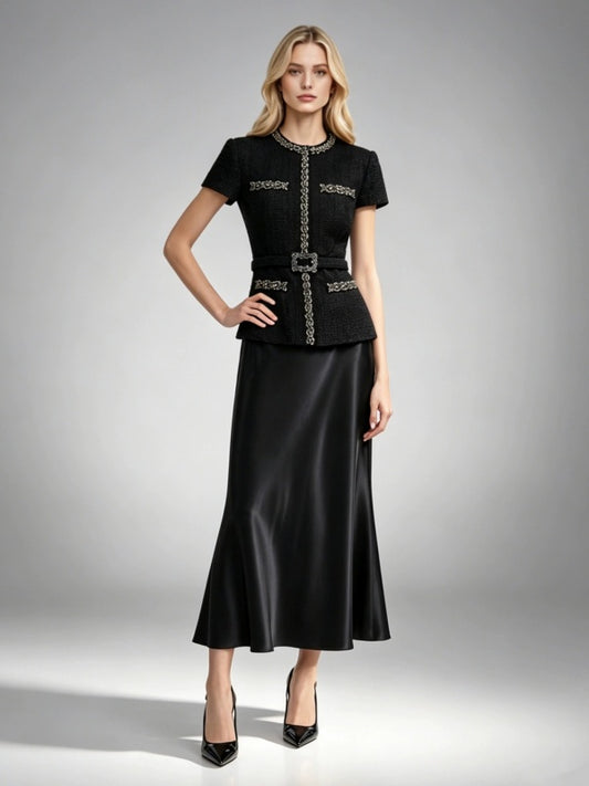 Noir Elegance Belted Skirt Set