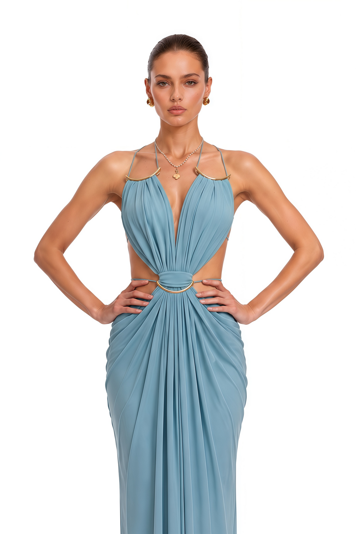 Blue Cut-Out Halterneck Maxi Dress