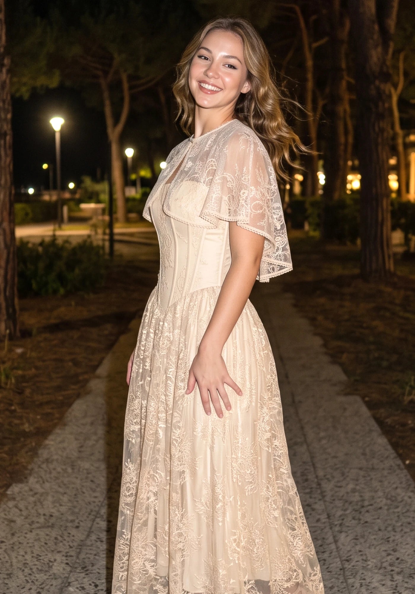 Lace Cape Strapless A Line Maxi Dress Champagne