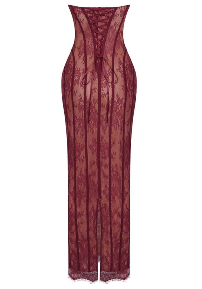 Strapless Lace Corset Maxi Dress Burgundy