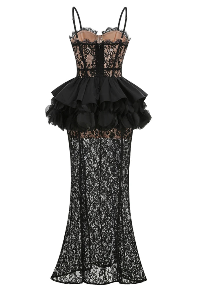Lace Peplum Maxi Dress Black