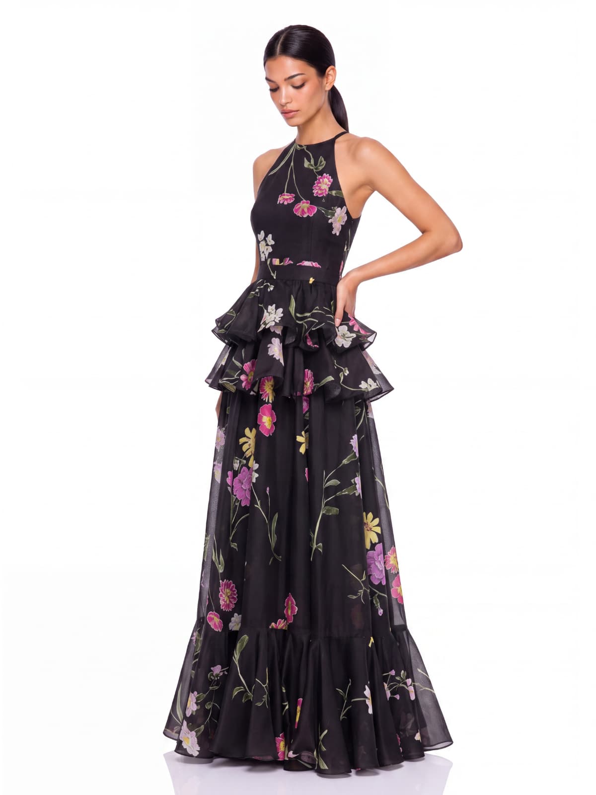 Floral Ruffle Maxi Dress In Black