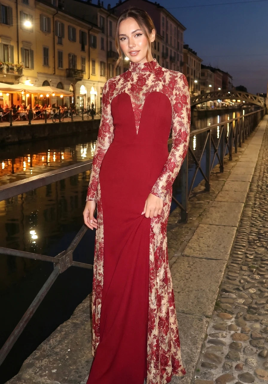 Long Sleeve Floral Lace Maxi Dress Burgundy