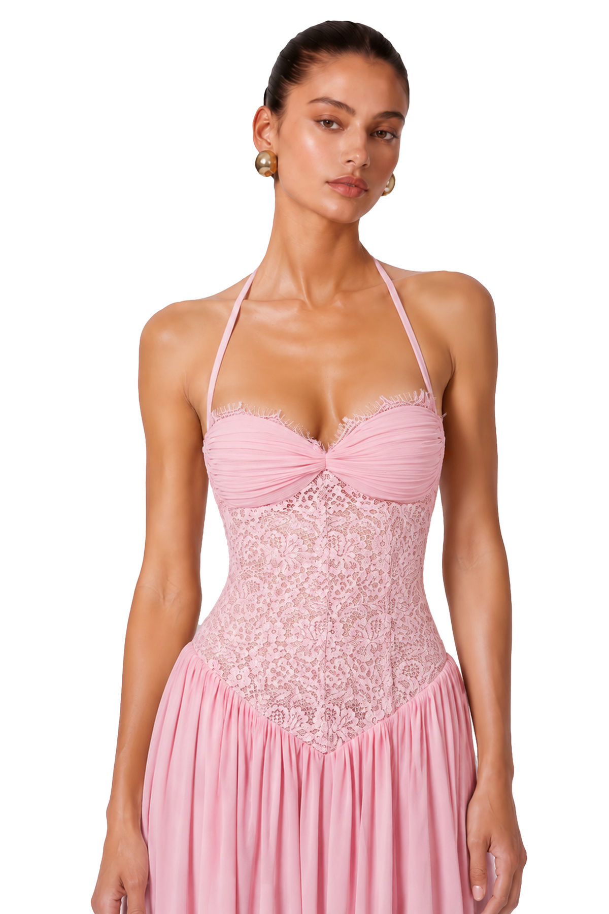 Pink Halterneck Lace Corset Maxi Dress