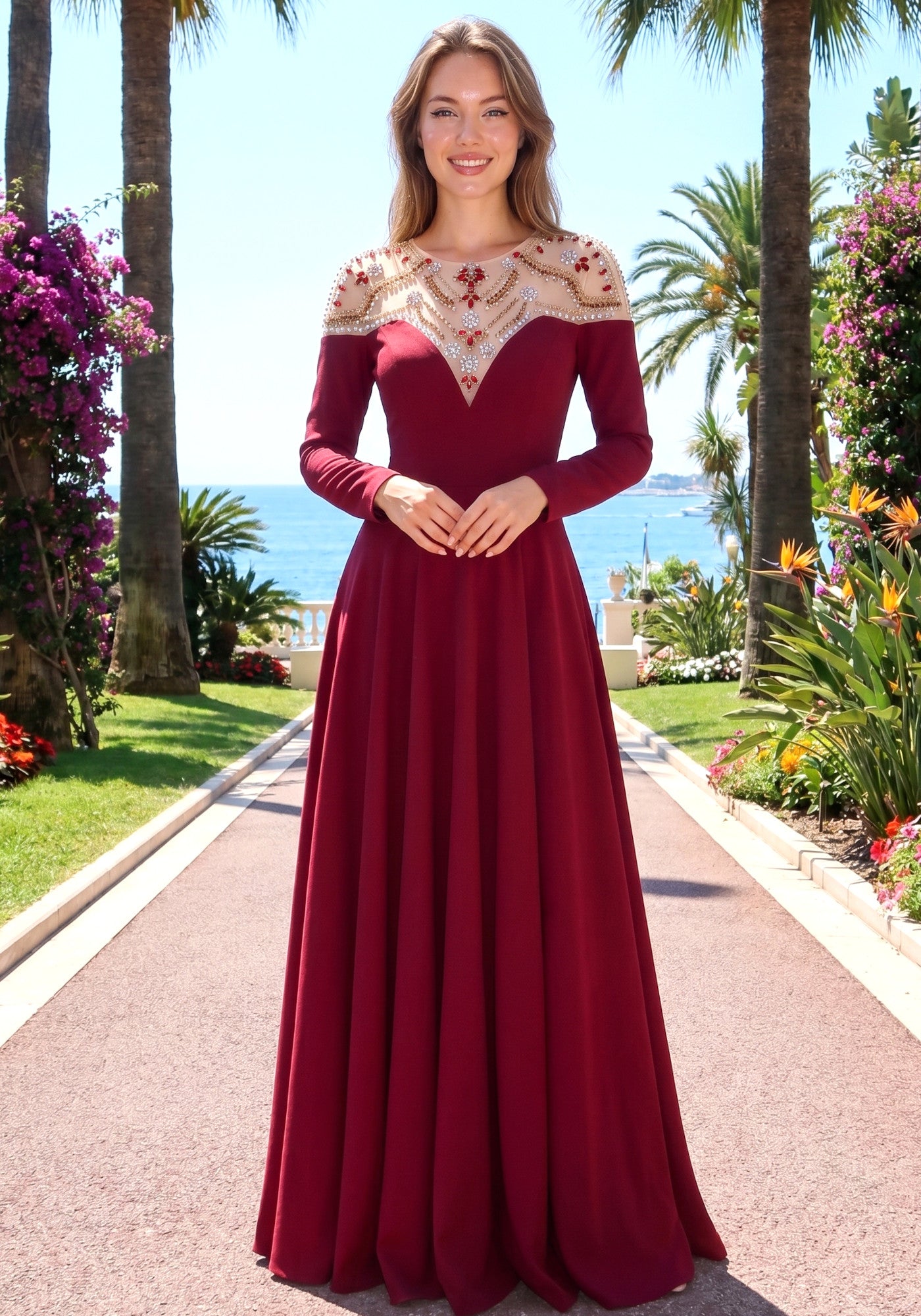 Long Sleeve Crystal Mesh A Line Maxi Dress Burgundy