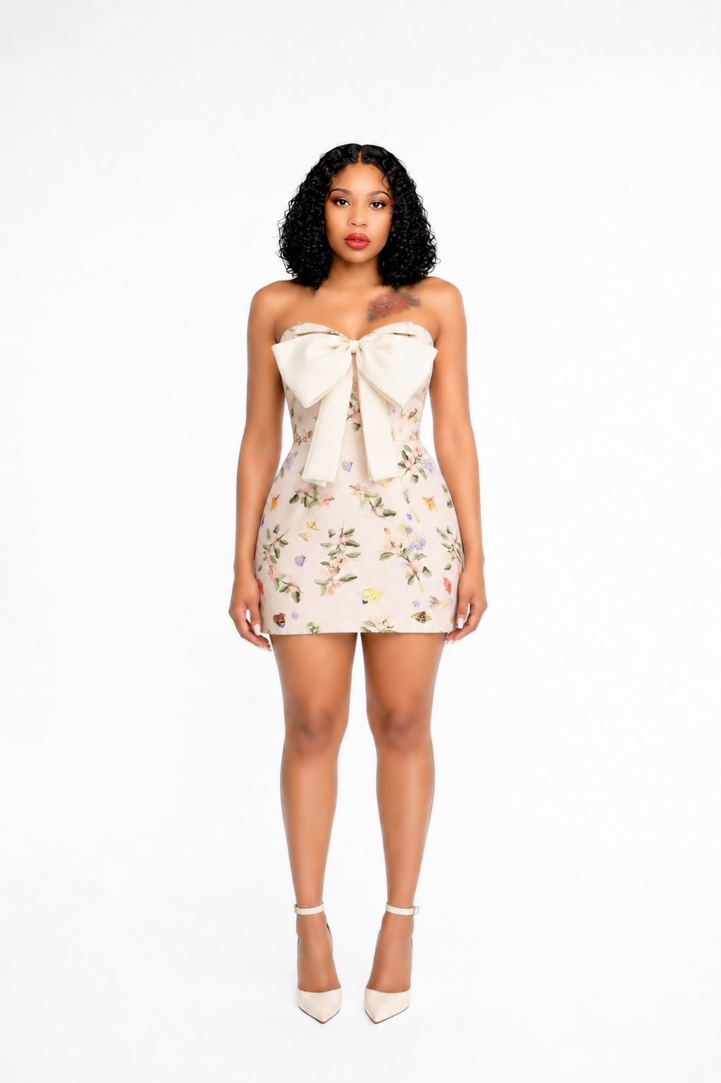 Strapless Floral Bow Detail Dress Peach