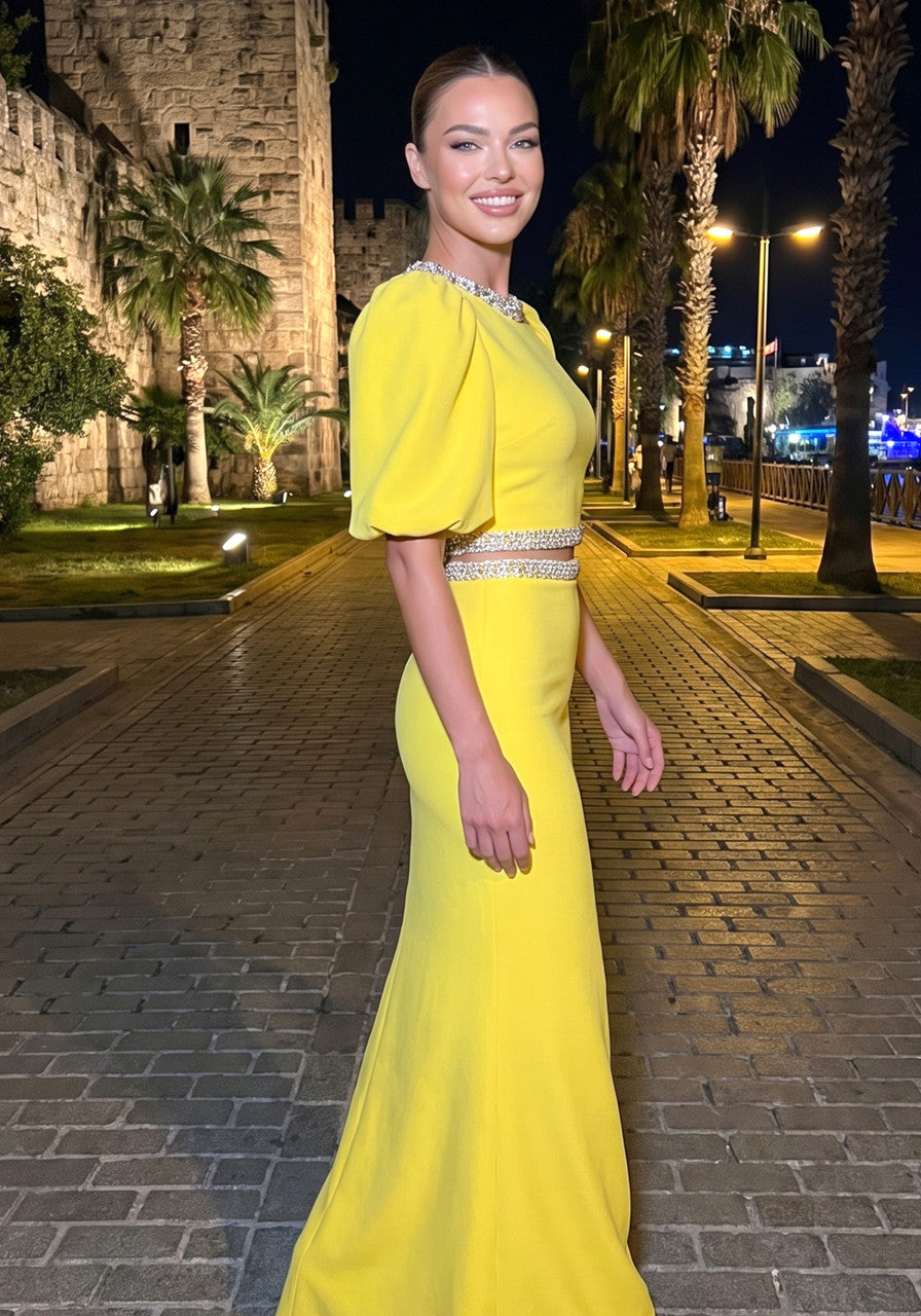Short Sleeve Crystal Two Piece Maxi Dress Yellow