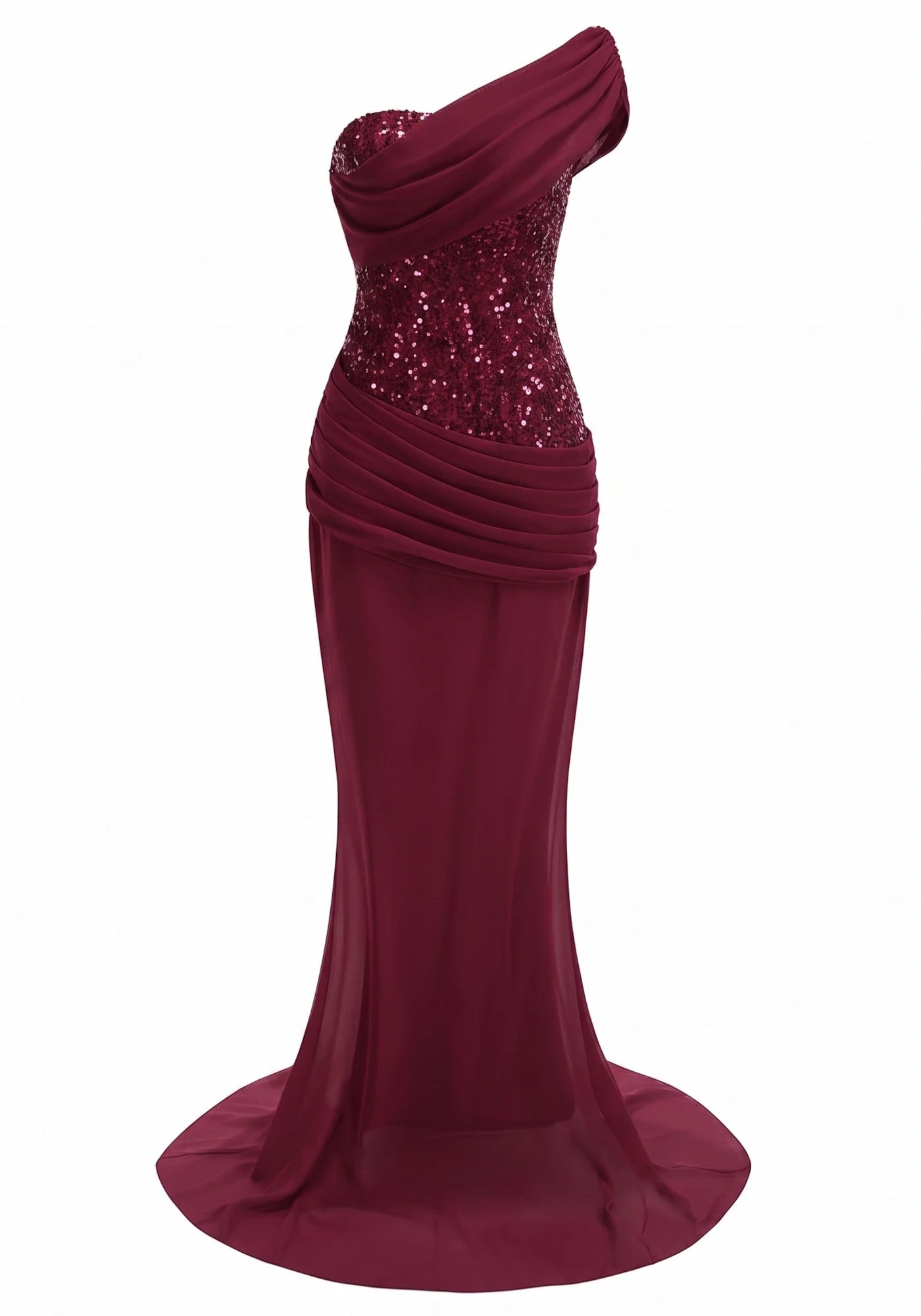 Draped One Shoulder Sequin Corset Maxi Dress Burgundy