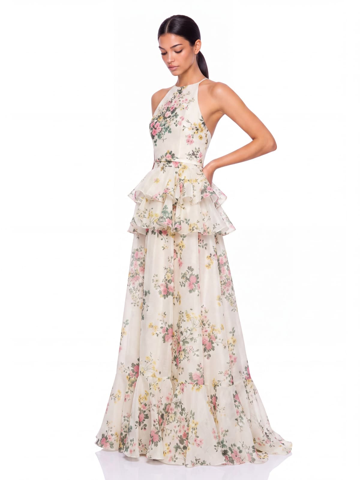 Floral Ruffle Maxi Dress In Beige