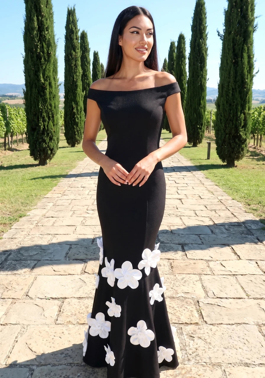 Bardot Floral Mermaid Maxi Dress Black White