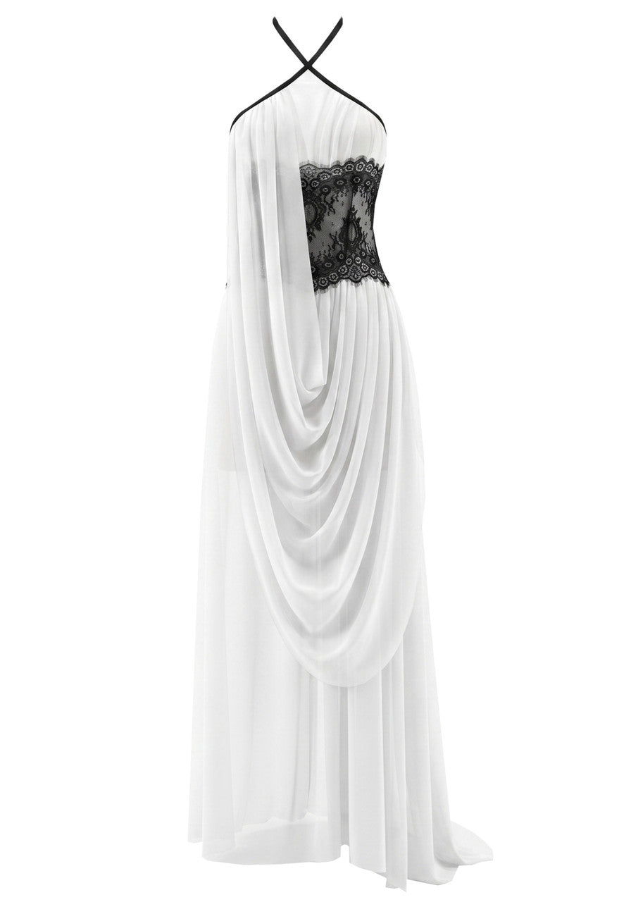 Halter Lace Insert Draped Maxi Dress White Black