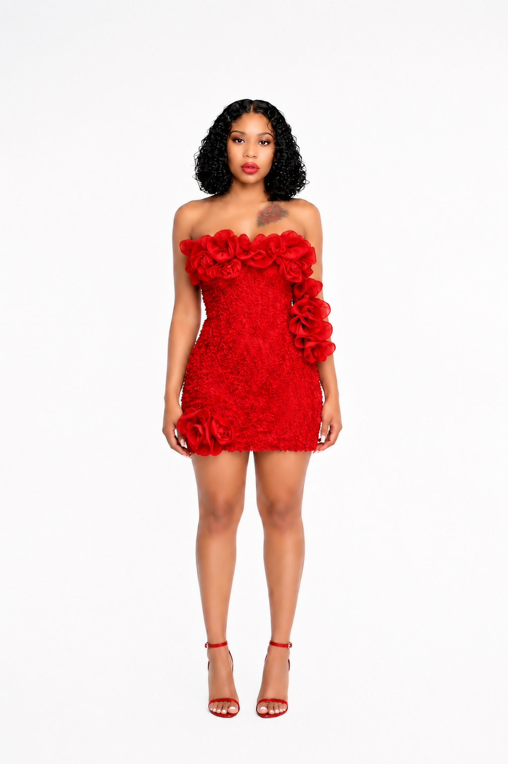 Strapless Floral Ruffle Dress Red