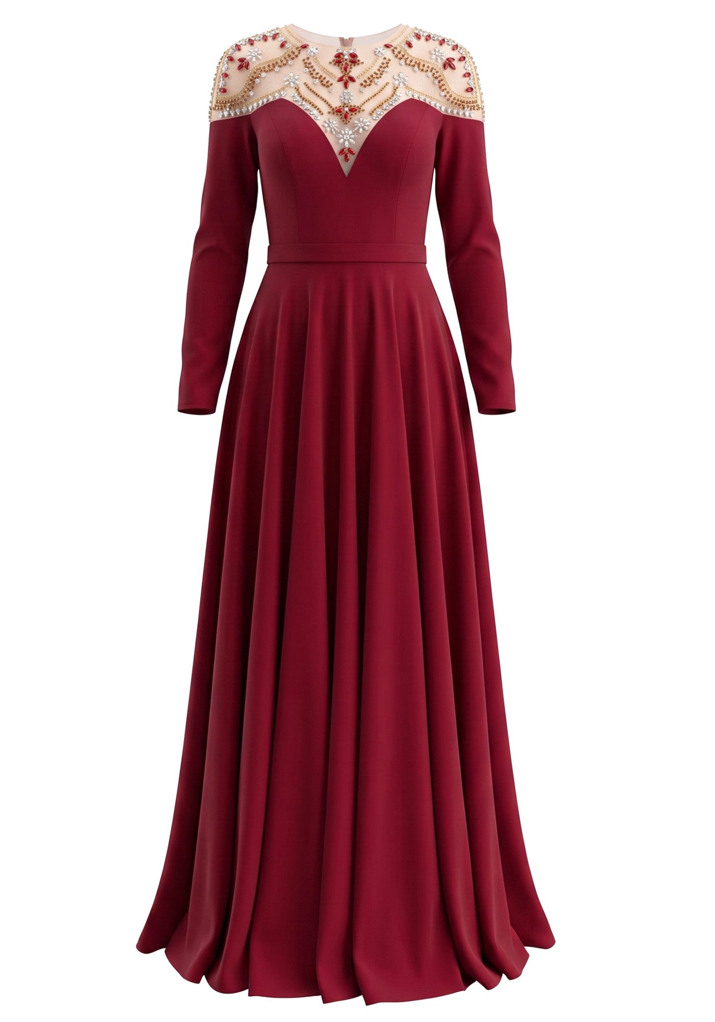 Long Sleeve Crystal Mesh A Line Maxi Dress Burgundy