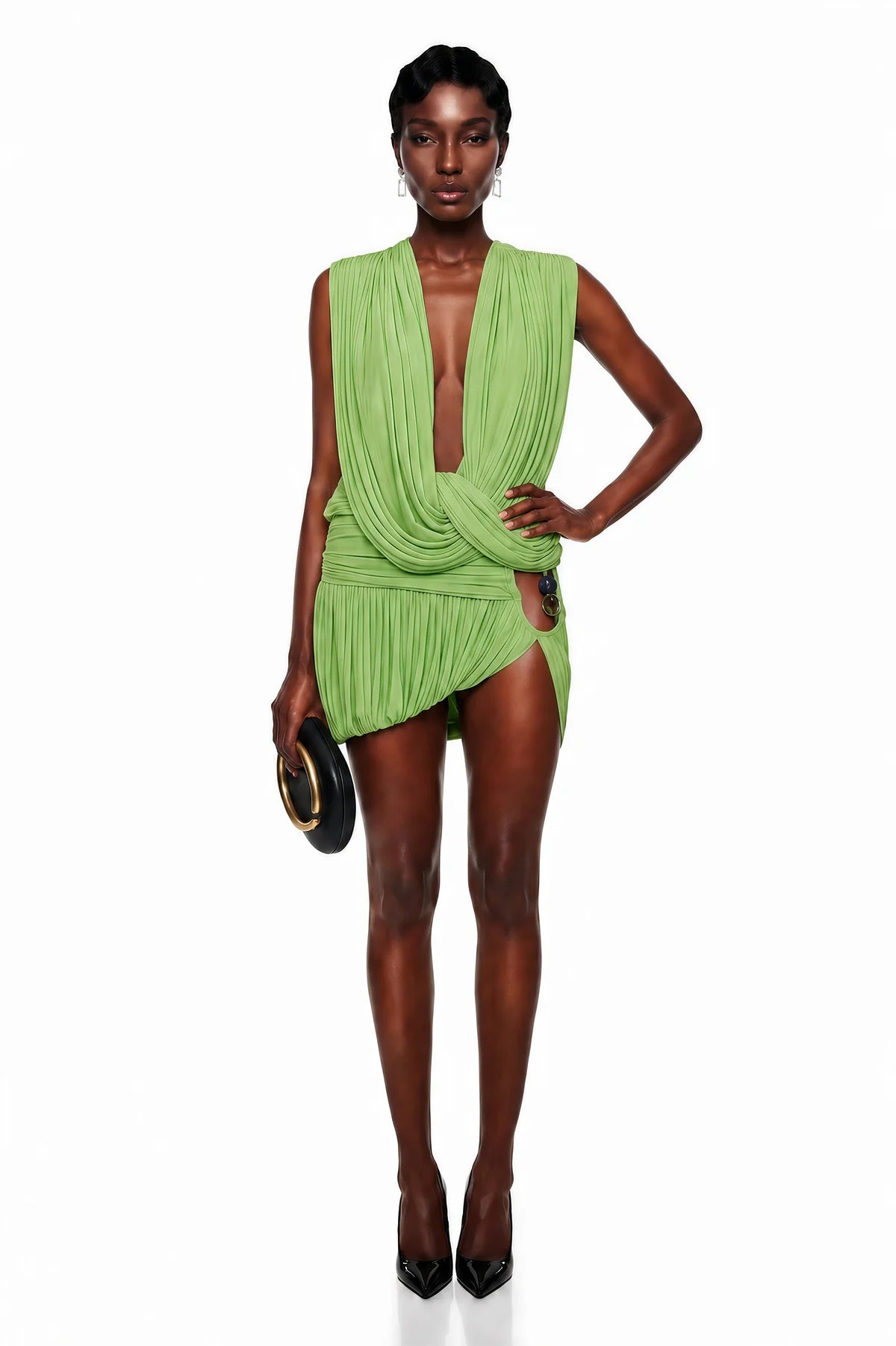 Green Cross Front Ruched Top & Skirt Set