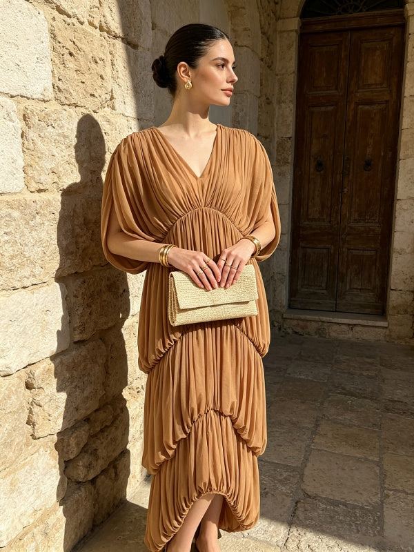 Caramel Draped Pleated Maxi Dress