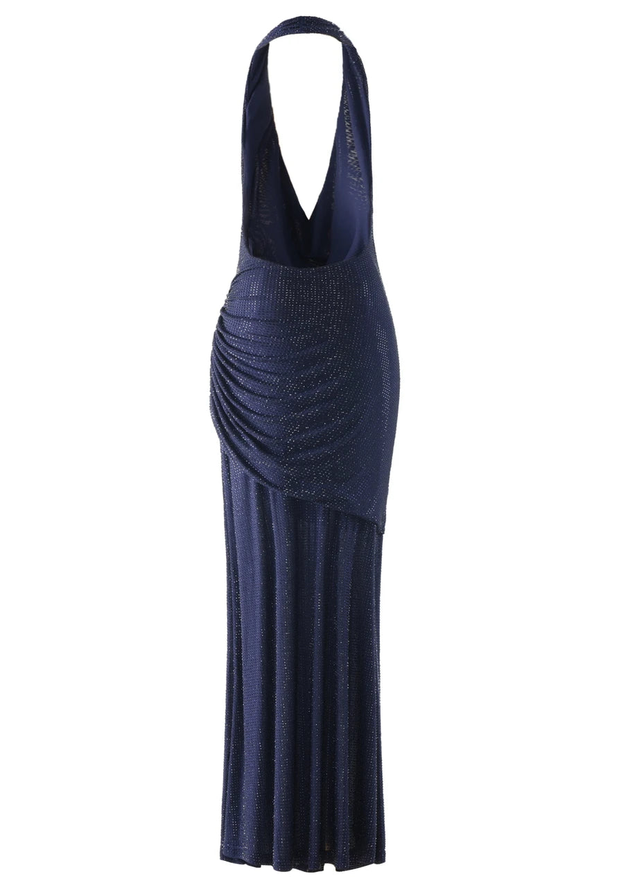 Halter Embellished Backless Maxi Dress Navy Blue