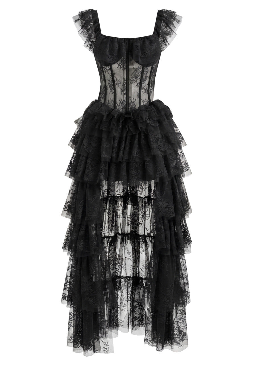 Lace Ruffle Maxi Dress Black
