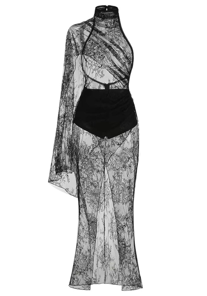 One Sleeve Draped Lace Maxi Dress Black