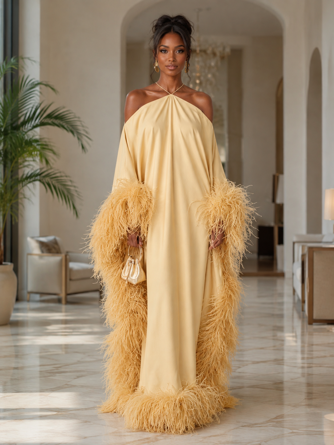 Golden Feather Elegance Maxi Dress