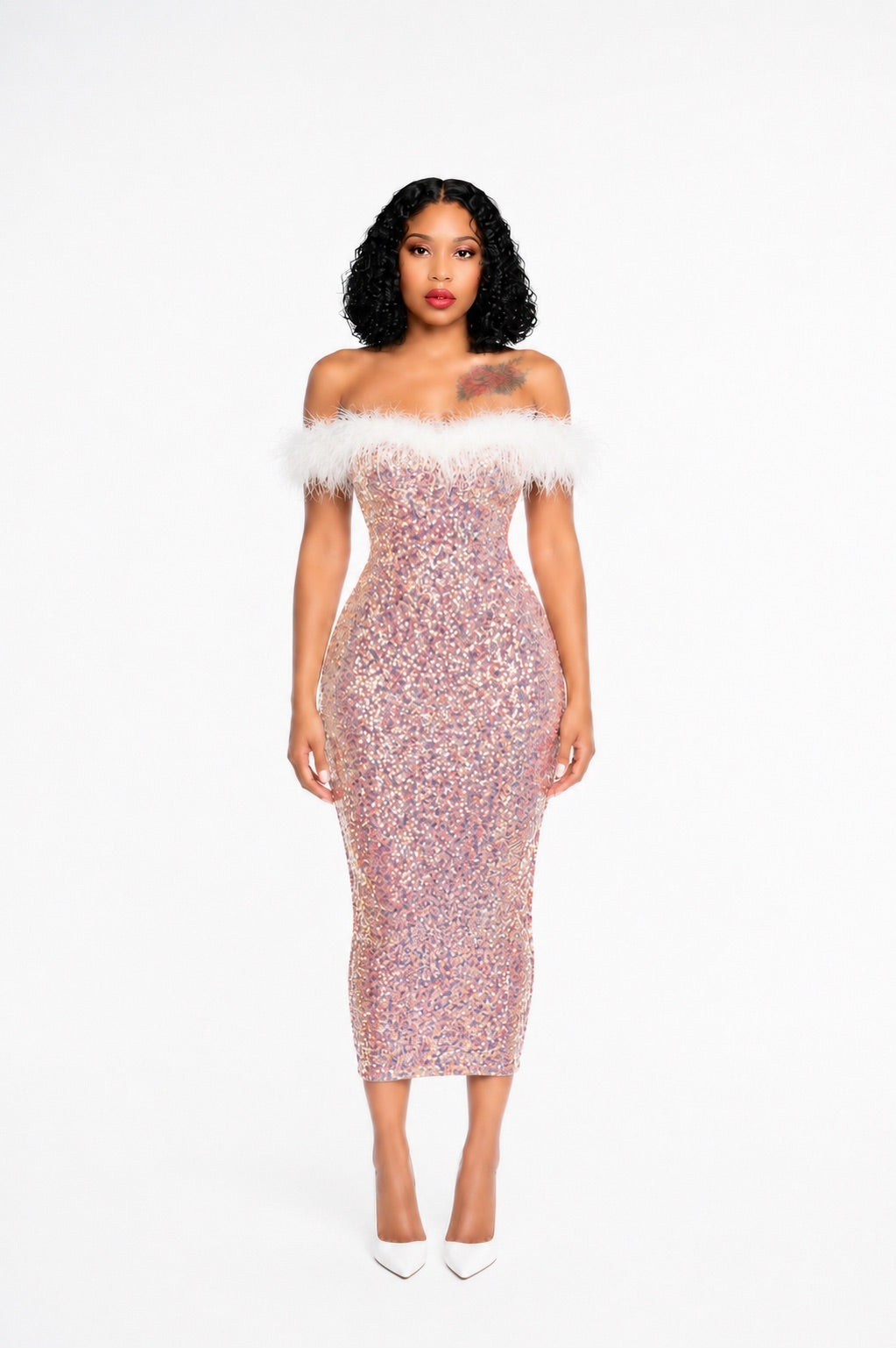 Feather Detail Sequin Midi Dress Pink