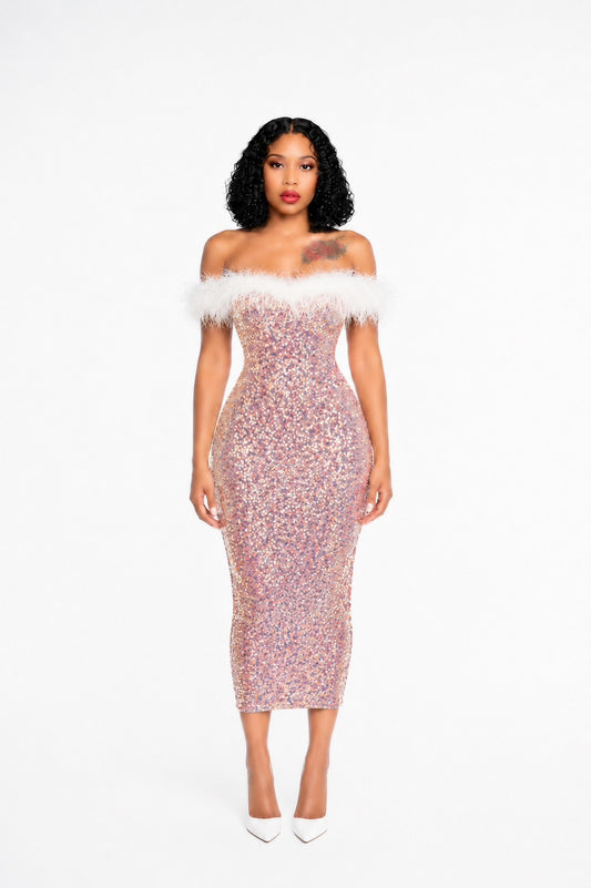 Feather Detail Sequin Midi Dress Pink