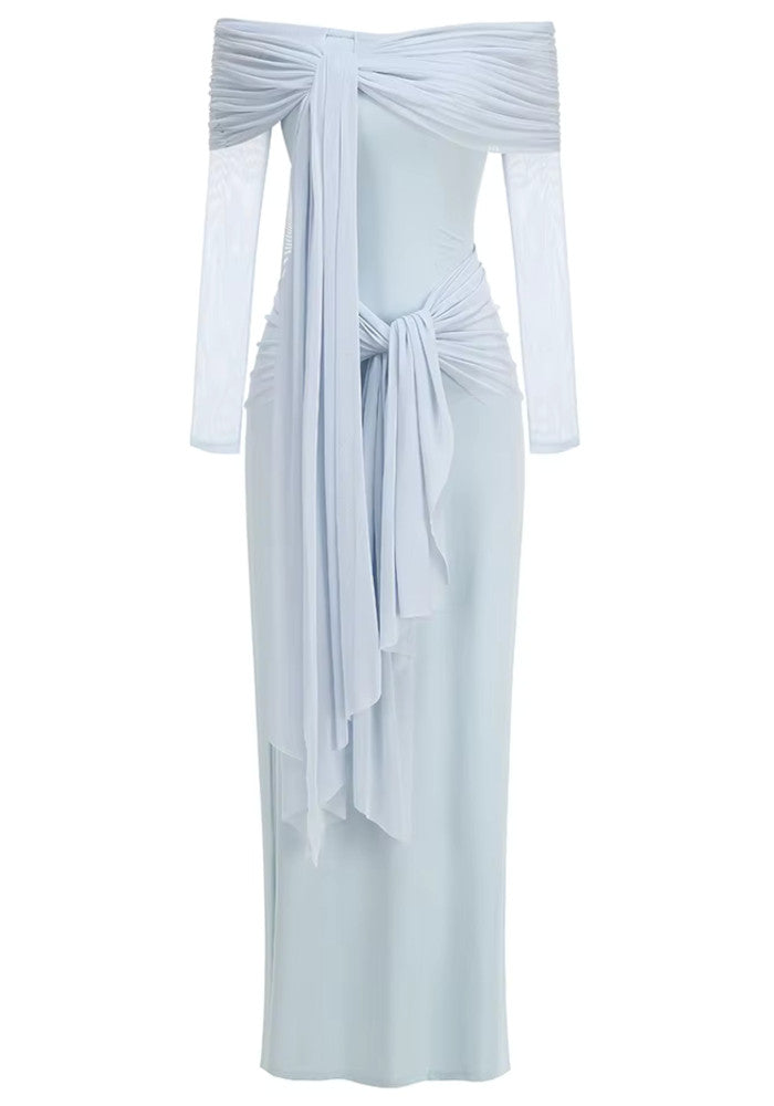 Long Sleeve Draped Bardot Maxi Dress Light Blue