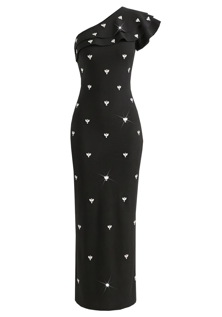One Shoulder Ruffle Crystal Maxi Dress Black