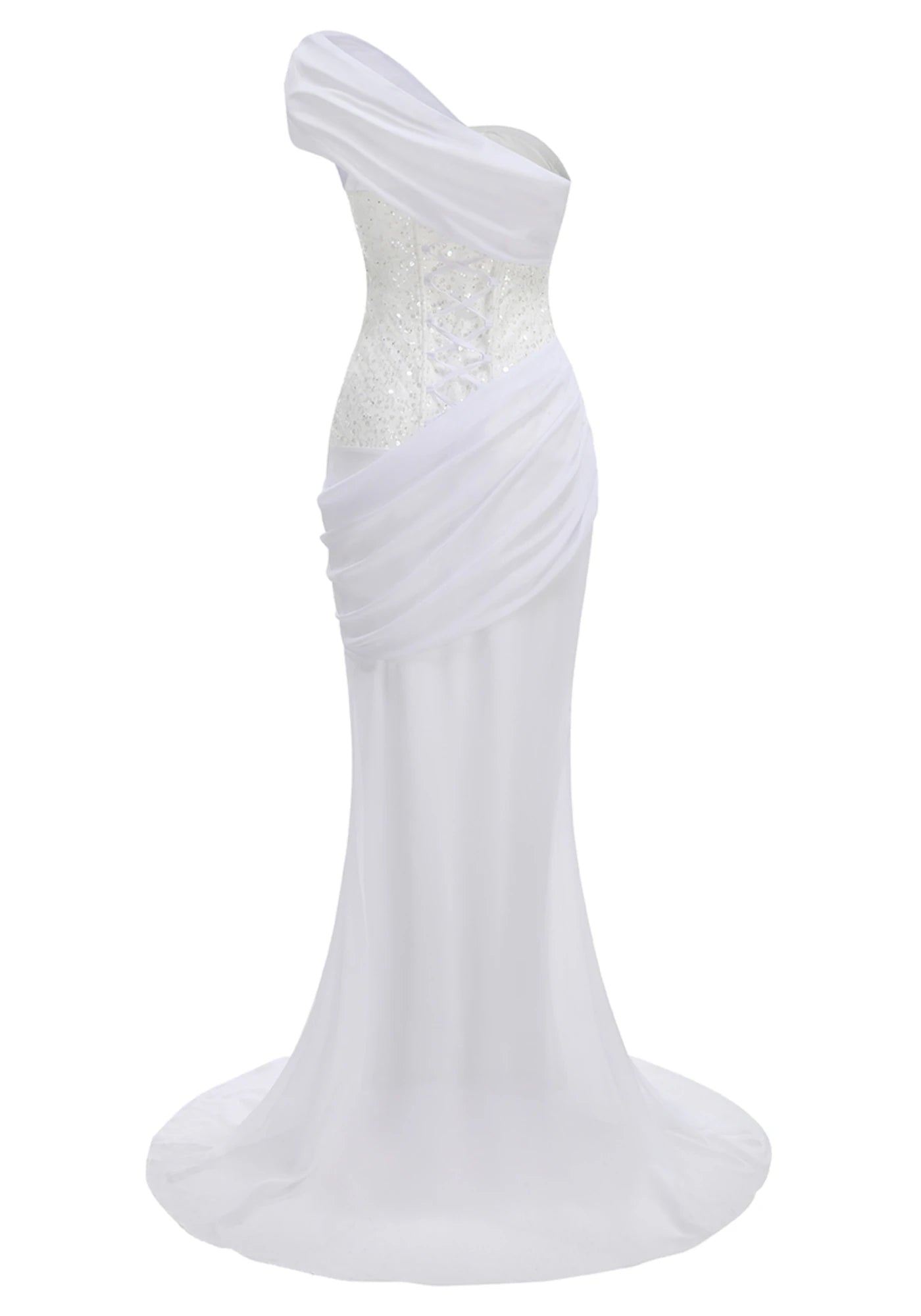 Draped One Shoulder Sequin Corset Maxi Dress White